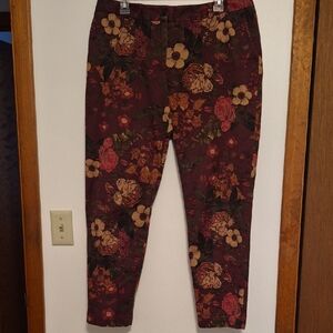 Talbots Weekender Womens Burgundy Floral Tapered Crop Leg Pants SZ 12